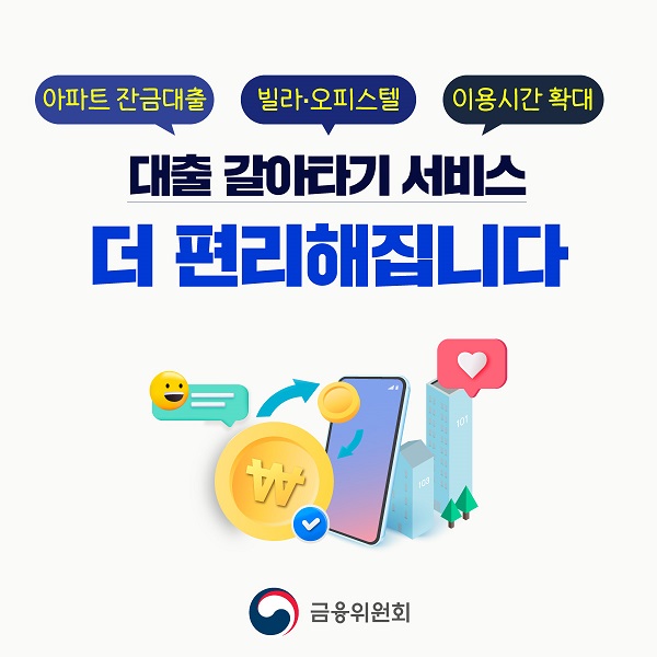 아파트 잔금대출, 빌라오피스텔, 이용시간 확대 대출 갈아타기 서비스 더 편리해집니다